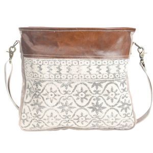 Vintage Tapestry Fabric With Leather Trim And Zipper Closure Shoulder Bag